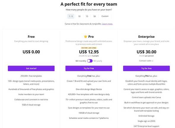 Canva pricing page