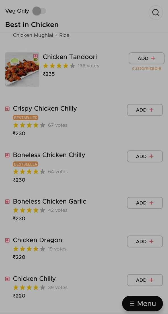 Menu page in Zomato