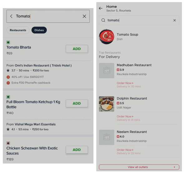 Search results in Swiggy and Zomato